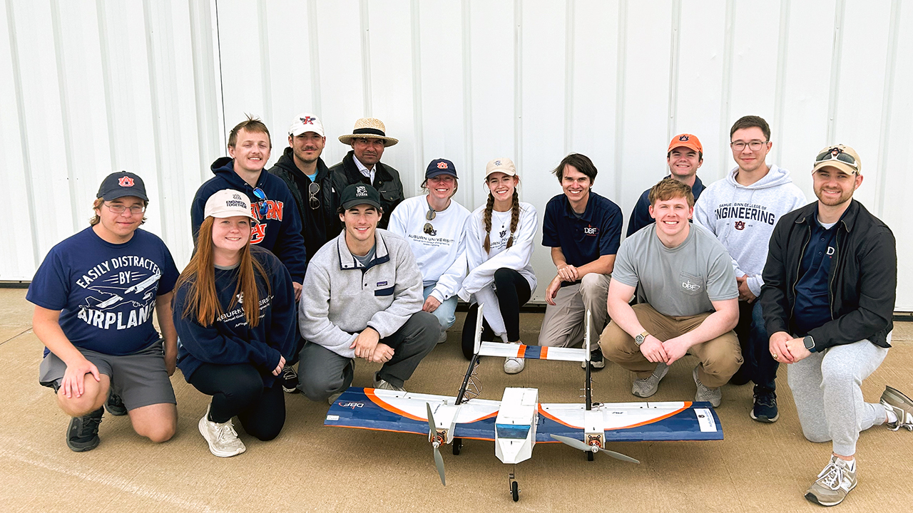 Pictured is the Auburn University Design, Build, Fly team that achieved a top-20 finish at the AIAA Design, Build, Fly competition in Wichita, Kansas, in April. 