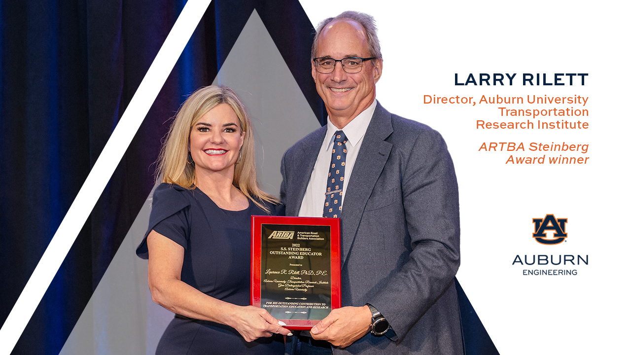 ARTBA Research and Education Division director Karen Philbrick (left) presented the ARTBA Steinberg Award to AUTRI director Larry Rilett during the ARTBA Award Luncheon in La Jolla, California on Sept. 11. Philbrick is the Executive Director of the Mineta Transportation Institute (MTI) at San José State University.