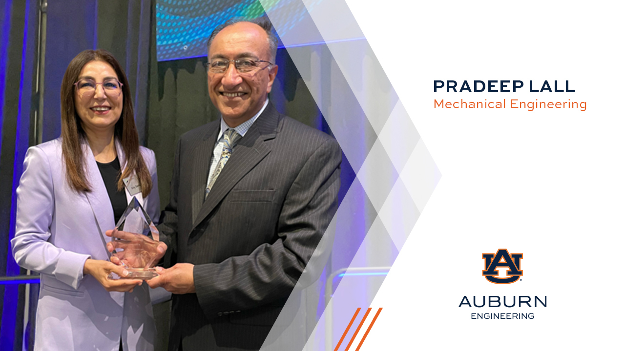 Gity Samadi, Director of R&D Programs (SEMI) presenting Pradeep Lall, the MacFarlane Endowed Distinguished Professor of mechanical engineering, the 2023 SEMI FlexTech FLEXI Award for R&D Achievements.