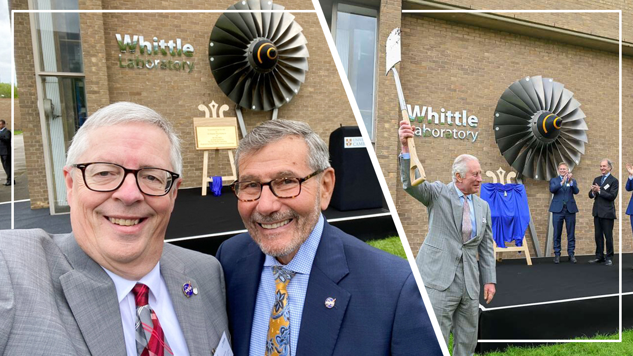 1969 aerospace engineering graduate Ed Waggoner (middle, splendid tie) poses at the May 9 groundbreaking on the new £58 million addition to the University of Cambridge's famed Whittle Laboratory. Waggoner, deputy associate administrator for programs for NASA's Aeronautics Research Mission Directorate, participated in a roundtable discussion on sustainable aviation before the event, which was the first public engagement for King Charles following his May 6 coronation. The King spoke one-on-one with Waggoner about NASA's work on disruptive innovation in net zero aviation and energy.