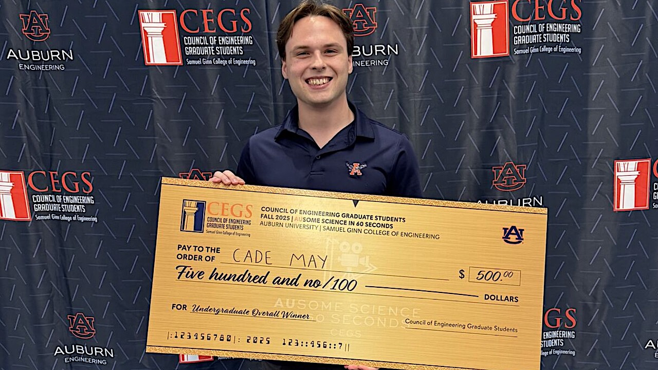 Cade May, a senior in aerospace engineering, recently earned highest marks for an undergraduate in AUsome Science in Sixty Seconds, a research-based competition in its third year presented by the Council of Engineering Graduate Students.
