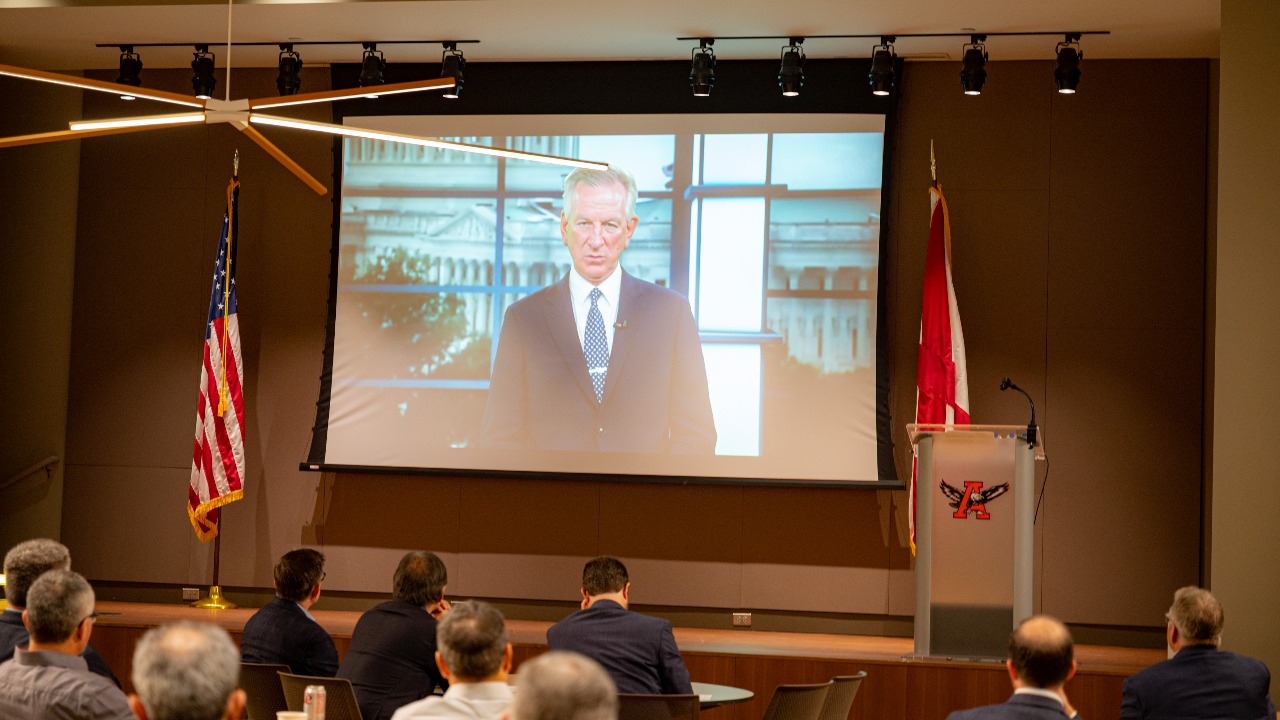  Tommy Tuberville addresses a NextFlext event at the Auburn University Research and Innovation Campus.