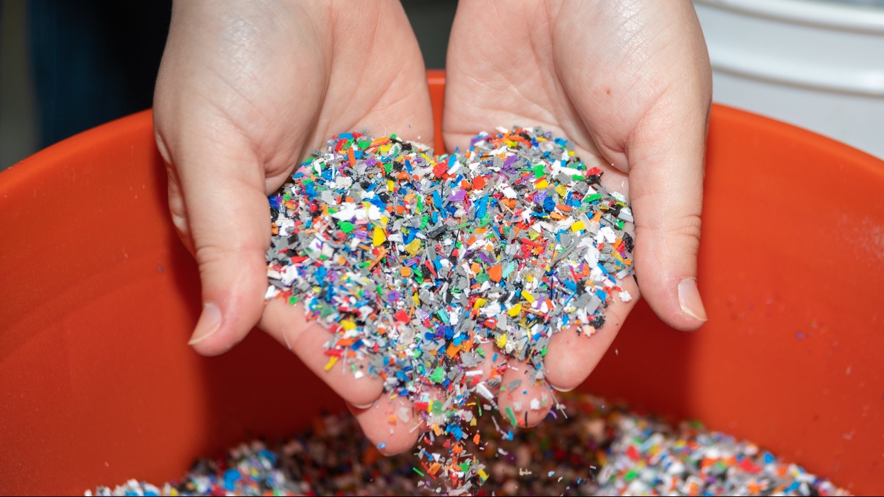 Aerospace senior Maggie Nelson sifts through pieces of recyclable polymers at the Center for Polymers and Advanced Composites.