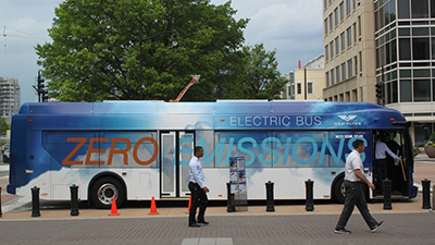 A no-emission electric bus is pictured. 