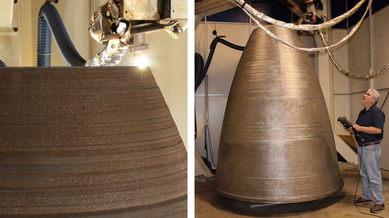 A two-ton additively manufactured full-scale RS25 nozzle liner printed by DM3D Technologies.