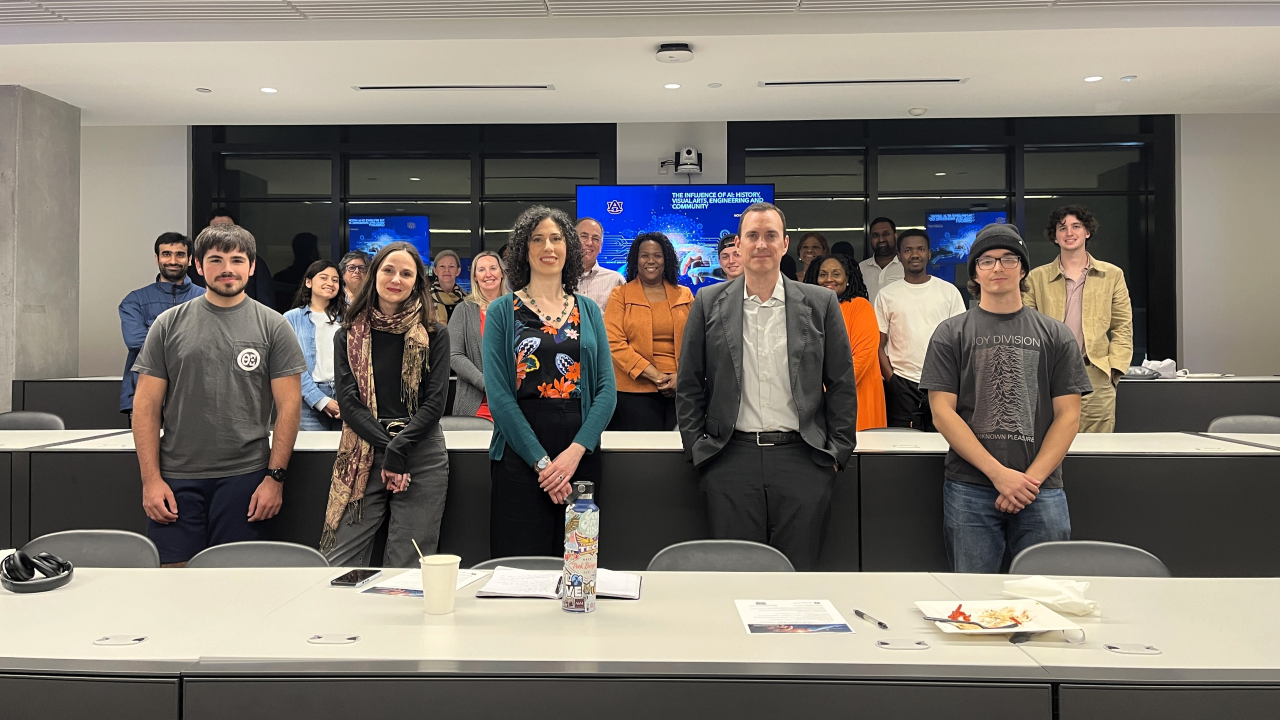First row, center: Lauren Woods, Sara Gevurtz and Xaq Frohlich represented the Departments of Art & Art History and History at the November AI Cafe. Second row, center: Cheryl Seals and Joan Harrell are educators in engineering and journalism, respectively, as well as co-chairs of the AI@AU ethics committee.