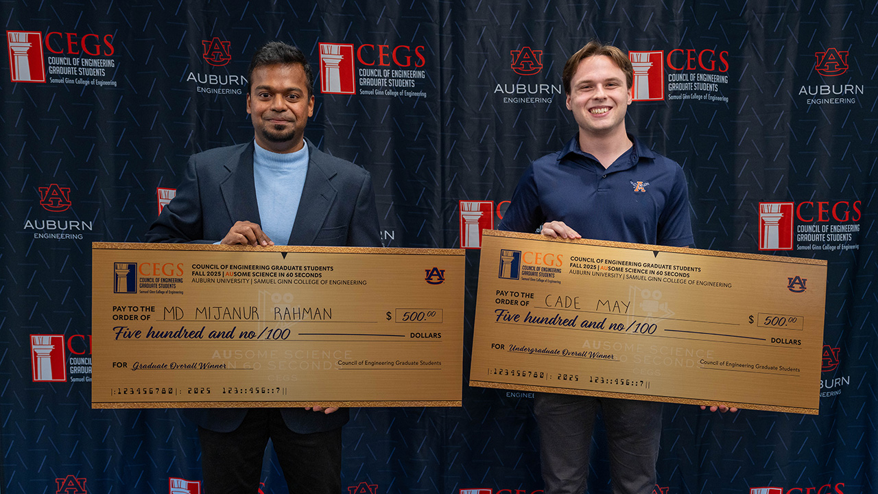 AUSome Science in 60 Seconds overall graduate winner Md Mijanur Rahman, left, and undergraduate winner Cade May. 