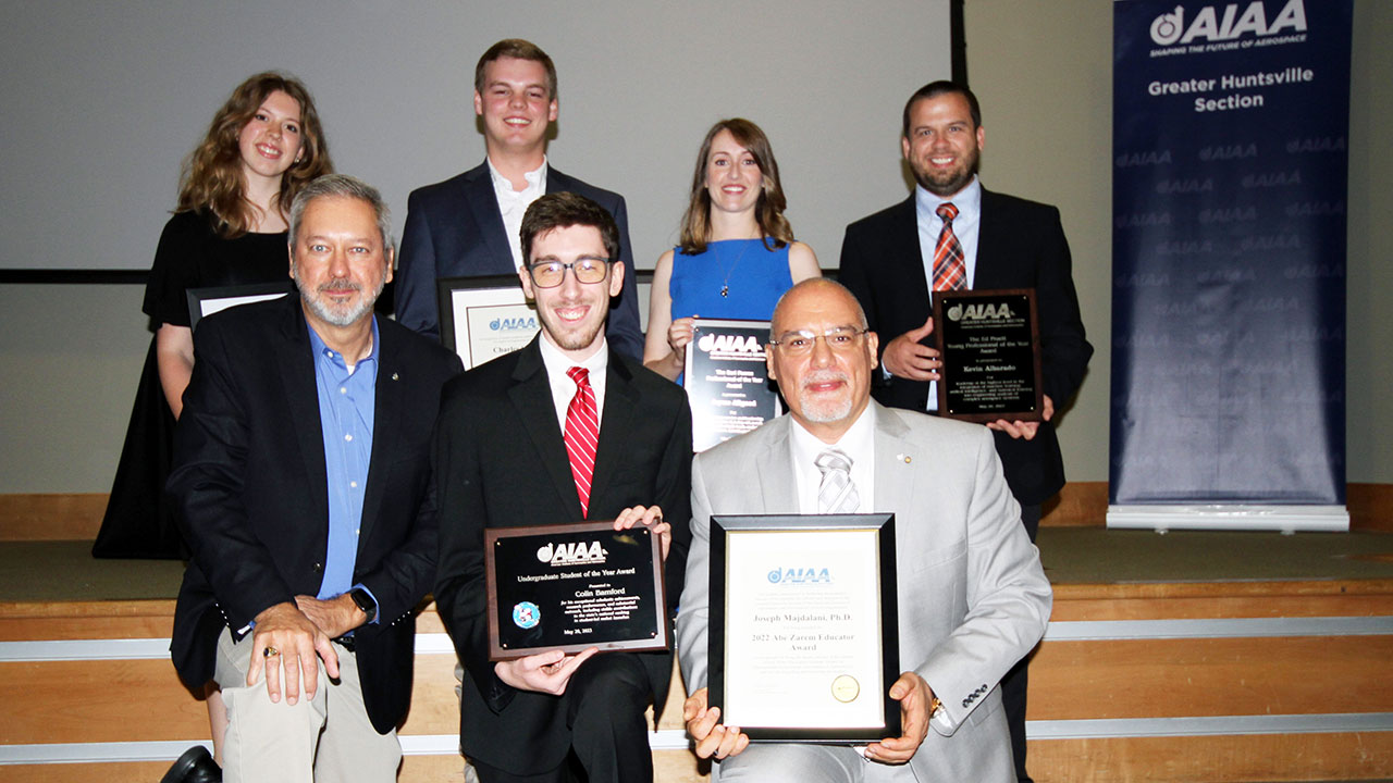 Pictured, front row, left to right: alumnus and keynote speaker Chris Crumbly, Undergraduate Student of the Year Colin Bamford, Professor and Francis Chair of Excellence Joe Majdalani; back row, left to right: Sackheim Scholarship winner Jordan Holland, Sackheim Scholarship winner Charles Smith, Earl Pearce Professional of the Year Jayme Allgood, and Ed Pruett Professional of the Year Kevin Albarado.