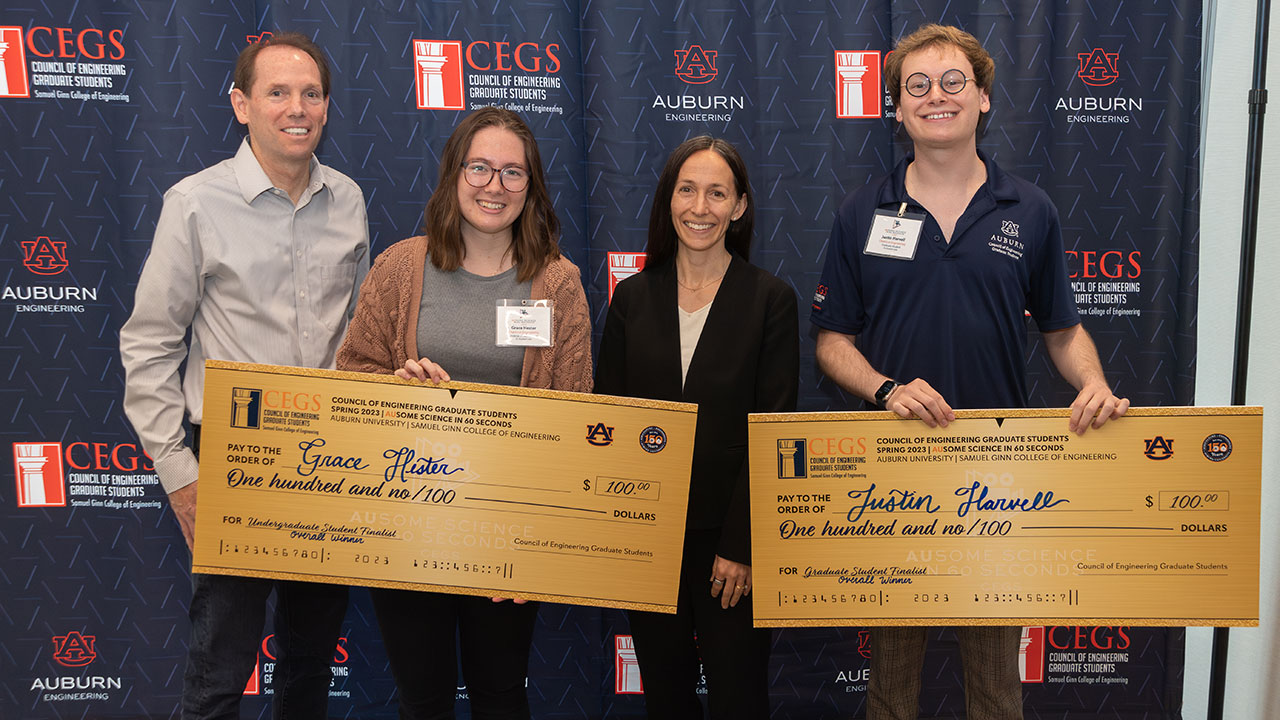 Michael Greene, associate professor of nutritional sciences, left, with Grace Hester, a senior in chemical engineering, Elizabeth Lipke,  Mary and John H. Sanders Professor in chemical engineering, and Justin Harvell, a graduate student in chemical engineering.