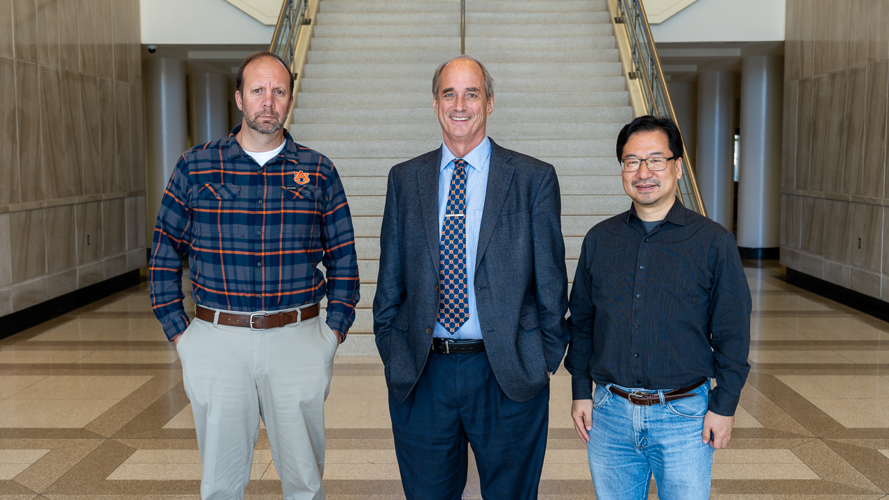 From left, David Bevly, Laurence Rilett and Shiwen Mao are leading a $1.9 million Federal Motor Carrier Safety Administration–funded project at Auburn University to test RFID-enabled smart tire technology aimed at improving highway safety.