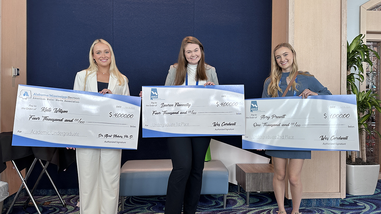 Three women pose for a photo while holding giant checks.