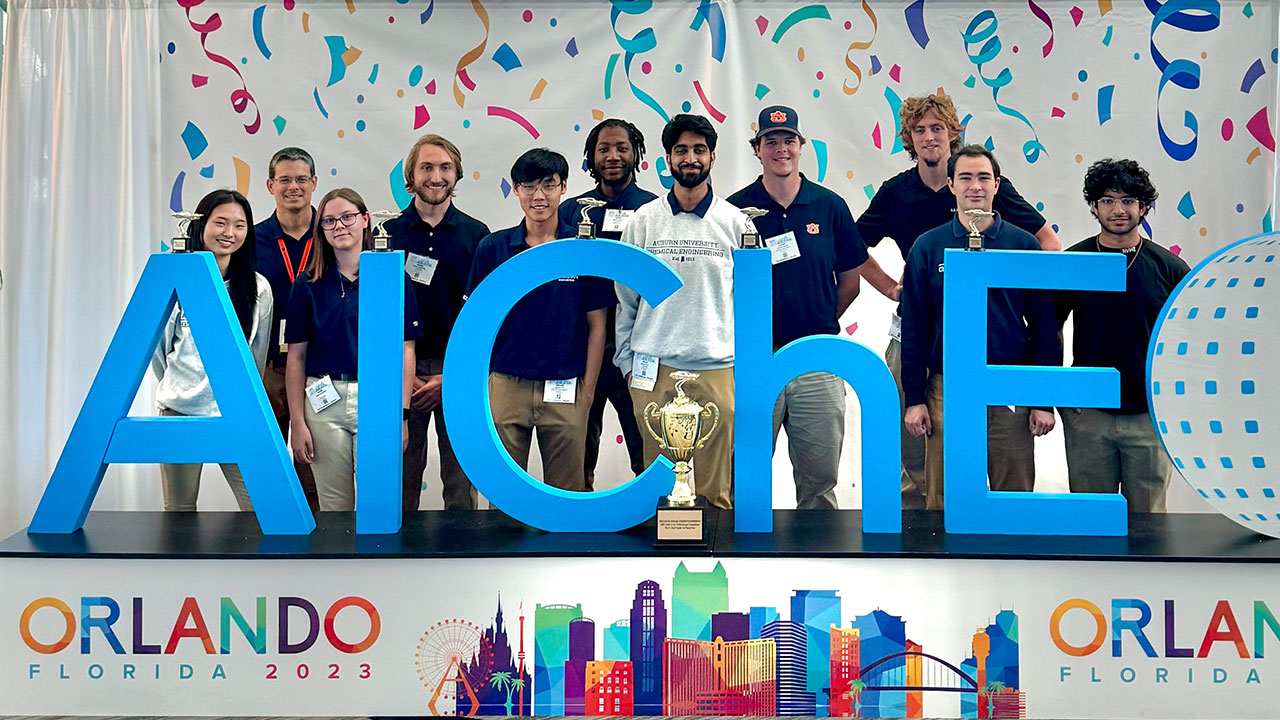 Auburn Chem-E car team members competing in Orlando were, from left, Emma Kim (stopping team), Jeffrey Rice (faculty advisor), Katie Wolfe (design team), David Swafford (design team lead), Minjae Jung (stopping team lead), Jerin Thomas (safety lead), Ishan Patel (captain), Logan Phillips (power team lead), Greydon Franck (stopping team), Drew Arnold (power team), Saim Siddiqui (design team).