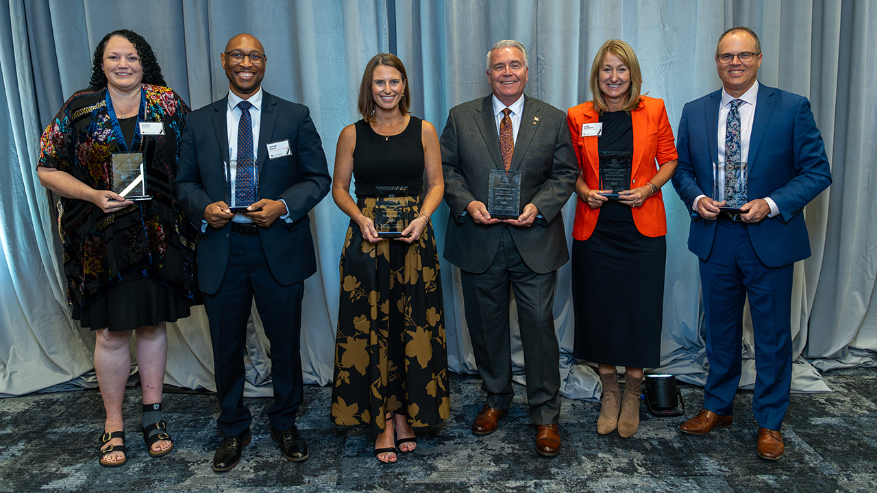 The Auburn Alumni Engineering Council 2025 awardees are (L-R): Superior Service, Heather Conner, administrative support associate; Outstanding Young Auburn Engineers, Joseph Moore, ’08 aerospace engineering; Hayley Sistrunk, ’10 civil engineering; Distinguished Auburn Engineers, Brad Christopher, ’91 and ‘93 civil engineering; Linda DuCharme, ’86 chemical engineering; and David Kudlak, ’86 civil engineering.