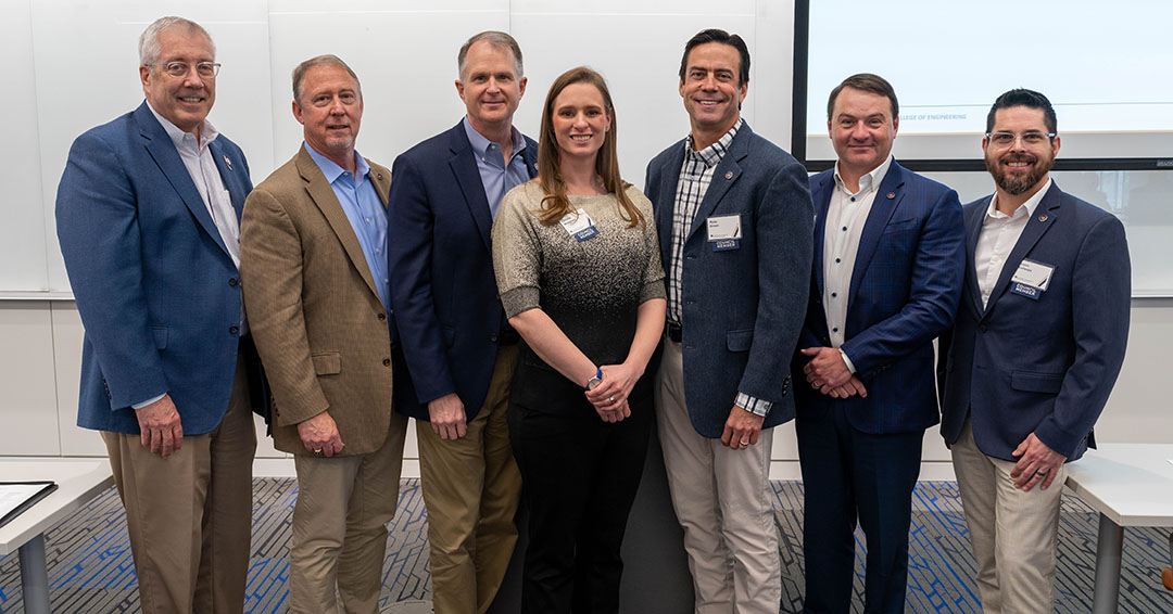 Members who were inducted into the Auburn Alumni Engineering Council Class of 2031 were (L-R): Jeff Haars, ’85 electrical engineering; Reggie Spivey, ’87 and ‘94 mechanical engineering; John Prunkl, ’90 mechanical engineering; Christa Musgrove, ’07 mechanical engineering; Russ Green, ’91 industrial engineering; Kevin Gammill, ’02 chemical engineering; and Jason Gallaspy, ’97 and ‘00 electrical engineering.