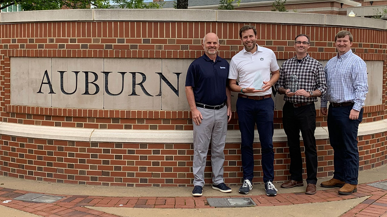 From left, Paul Schmitz of the Tensar Corporation, Ben Bowers, assistant professor in civil and environmental engineering, Jeffrey LaMondia, associate professor in civil and environmental engineering, and Tommy James of the Tensar Corporation.