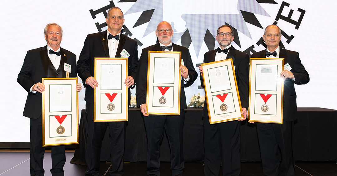 Class of 2026 inductees associated with the university included (L-R) Lloyd Pitts, ’83 civil engineering; Jonathan Pettus, executive director of the Auburn University Applied Research Institute; Keith Jones, ’84 chemical engineering and ’86 electrical engineering; Barry Pike, ’83 and ’85 chemical engineering; and Glenn Rolader, president, CEO and co-founder of Integrated Solutions for Systems Inc. (IS4S), a company headquartered in Huntsville with satellite offices in Auburn and Opelika, which was selected in the corporation category. 
