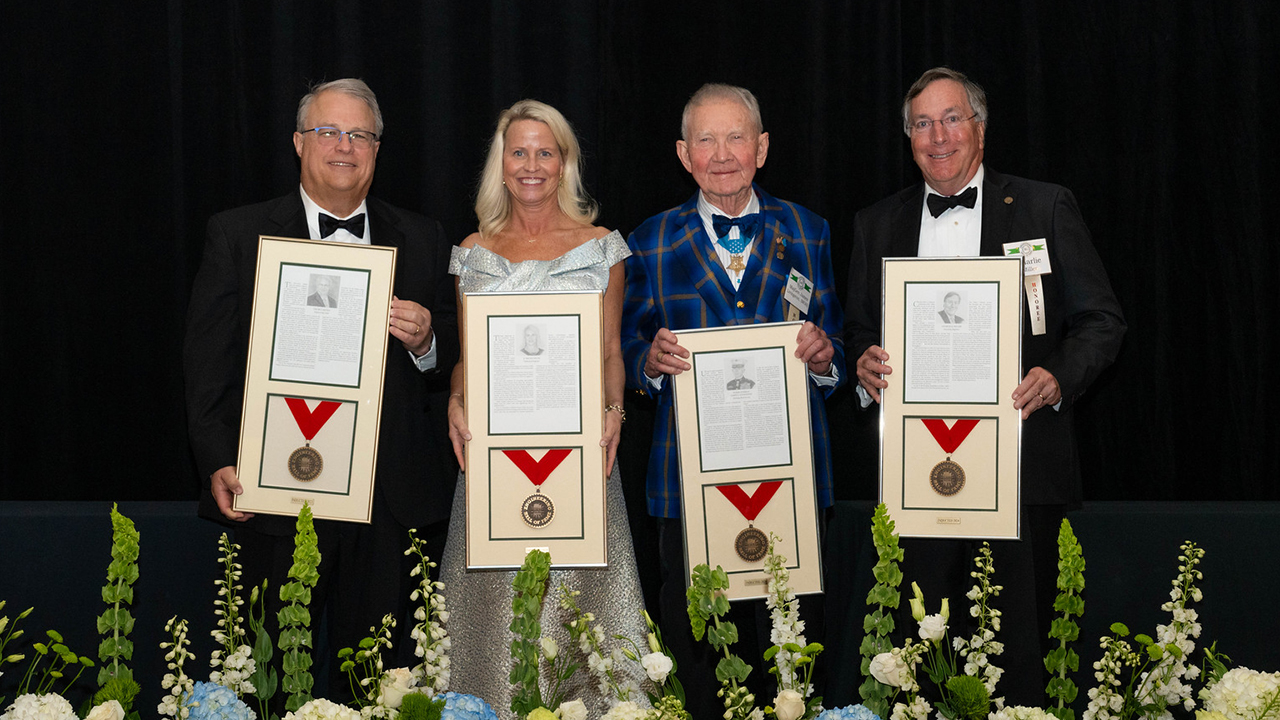 Auburn alumni inducted into the State of Alabama Engineering Hall of Fame were: (L-R) Tim McCartney, '80 civil engineering, who was selected for the Class of 2023 but was unable to attend last year's ceremony; Nicole Faulk, '96 and '99 mechanical engineering; Maj. Gen. James Livingston, '62 civil engineering; and Charlie Miller, '80 civil engineering.