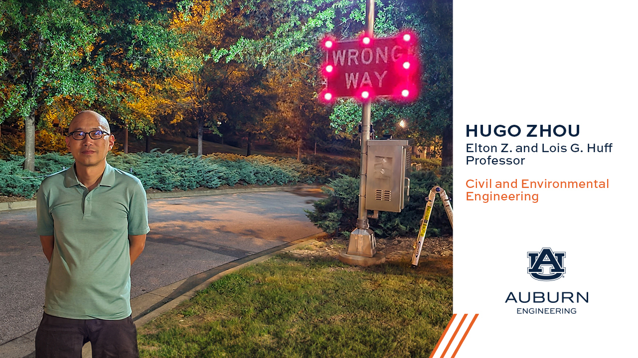 Huaguo Zhou, the Elton Z. and Lois G. Huff Professor of civil and environmental engineering at Auburn University, co-authored a handbook aimed at helping state Department of Transportation offices reduce the risk of wrong-way driving crashes. On Heisman Drive within Auburn's campus, Zhou supervised the installation of a wrong-way alert system that triggers bright red LED lights when it detects a vehicle moving in the wrong direction. He noted that this system has detected several hundred instances of wrong-way driving.