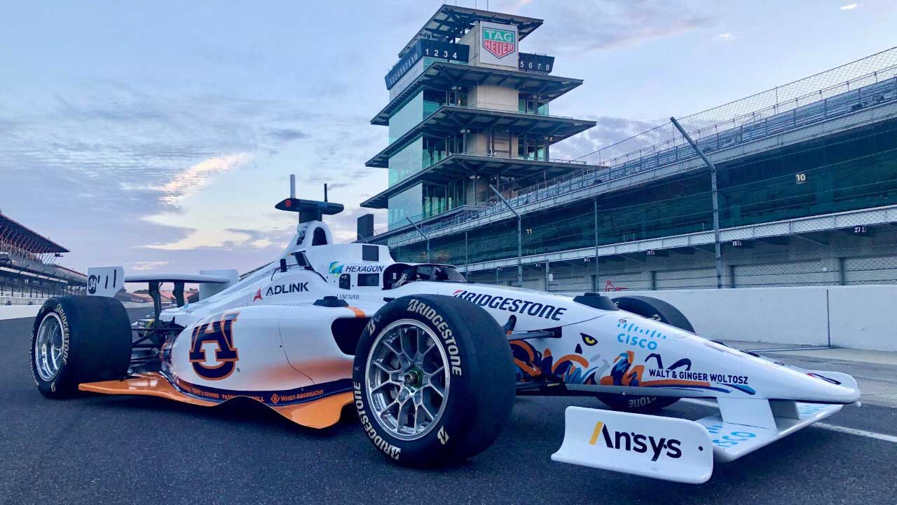 The custom Dallara AV-21 Indy Lights car Auburn's Autonomous Tiger Racing will compete with in the first-ever Indy Autonomous Challenge.