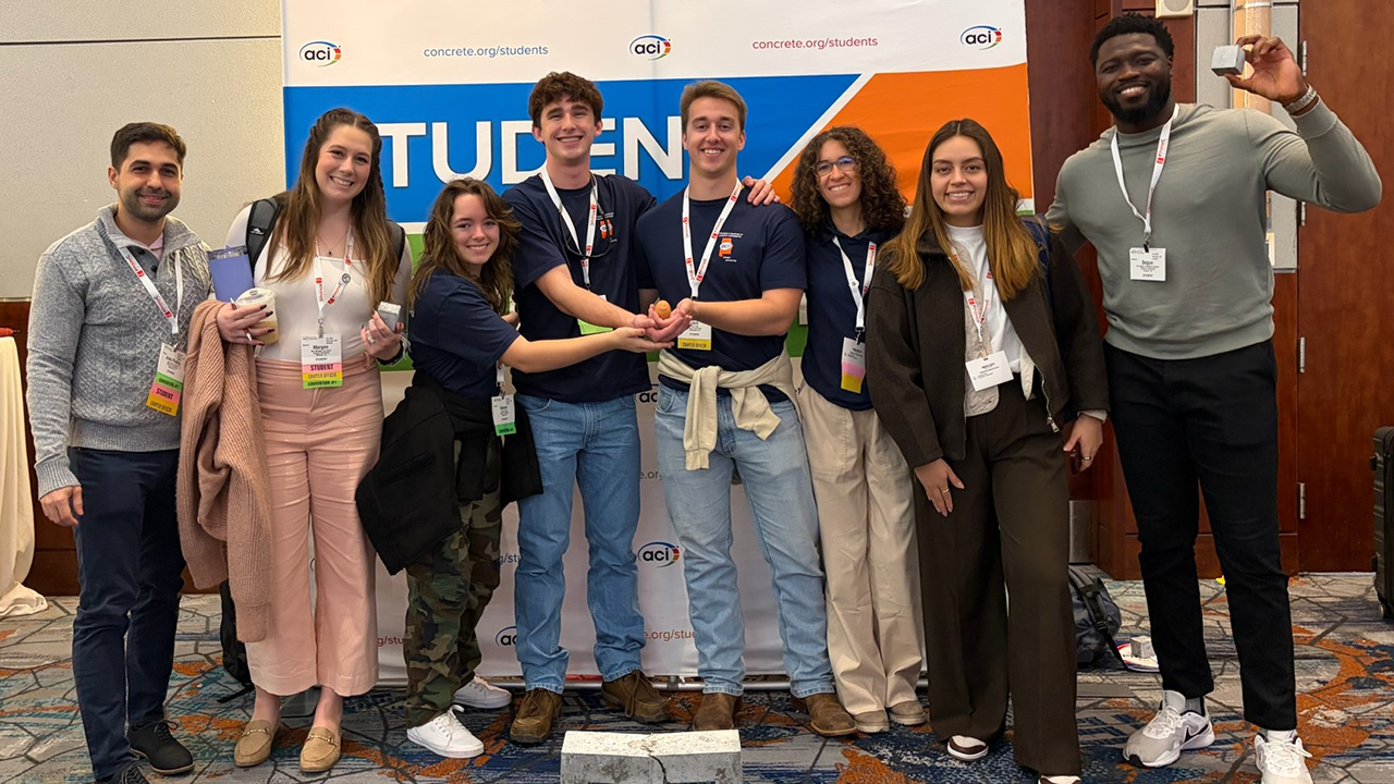 Auburn Engineering students from the American Concrete Institute (ACI) chapter celebrate their second-place finish in the Egg Protection Device Competition at the ACI Concrete Convention in Baltimore.