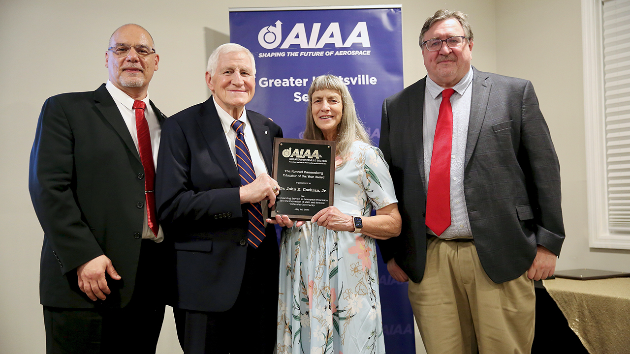 John E. Cochran Jr., professor and department head emeritus of aerospace engineering, was named Konrad Dannenberg Educator of the Year at the 71st Greater Huntsville Section Annual Awards Ceremony. Pictured from left are Joe Majdalani, honors and awards director, Cochran, Jackie Dannenberg and Bob Tramel, section chair. 