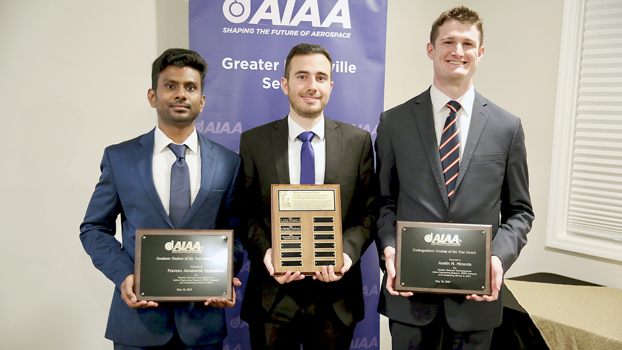 From left, Praveen Ayyanathan, Patrick Eid and Austin Miranda at the AIAA Greater Huntsville Section awards banquet.