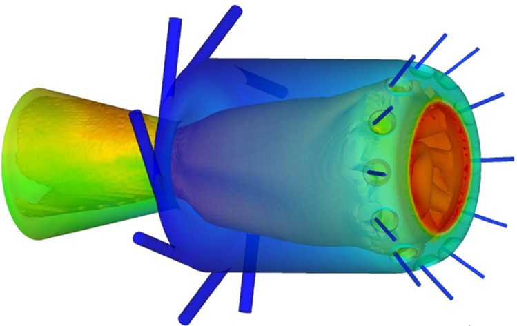 1st tangential mode fo acoustic pressure in a bidirectional vortex engine