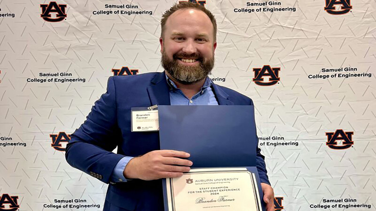 Branden Farmer, student services coordinator for the Department of Industrial and Systems Engineering, was recently recognized with the Samuel Ginn College of Engineering’s Staff Champion for the Student Experience award.