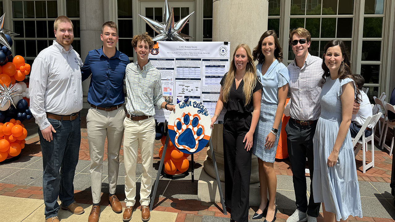 The student team (Pictured left to right: Alex Lawing, Dawson Kennedy, Brooke Dandrade, Caroline Thomas, and Harrison Hall) that completed the CARE Humane Society project was awarded first place in the competition. Pictured with the students is Assistant Professor Greg Purdy, who was the faculty advisor for the project, and doctoral student Madison Evans, who served as the simulation consultant.