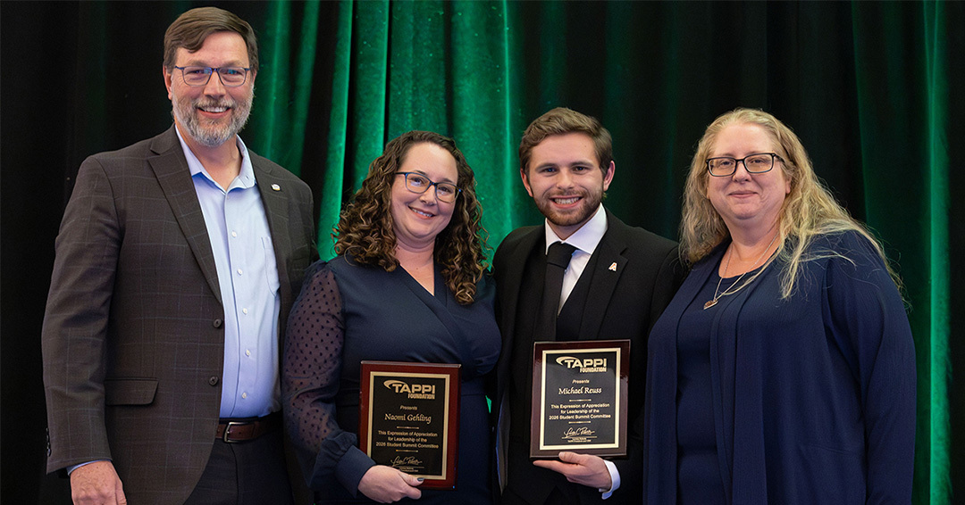 Auburn TAPPI advisor Naomi Gehling (second from left) and chemical engineering senior Michael Reuss (second from right) with TAPPI President and CEO Lawton Roberts and Senior Engagement Manager Lisa Lockwood.