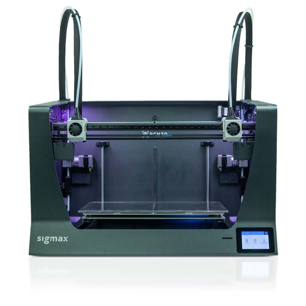 3d printer purple and black color with cords connecting the front to the back.