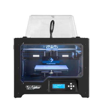 black 3d printer with blue lights and one cord that connects the printer.