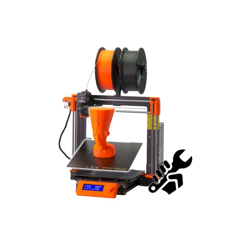 Orange 3d printer has orange wires and an egyptian object as an example of what the printer can do. It also has imagery of hand holding a tool
