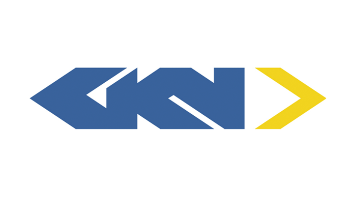 the letters g k n and is blue and and a yellow arrow. 
