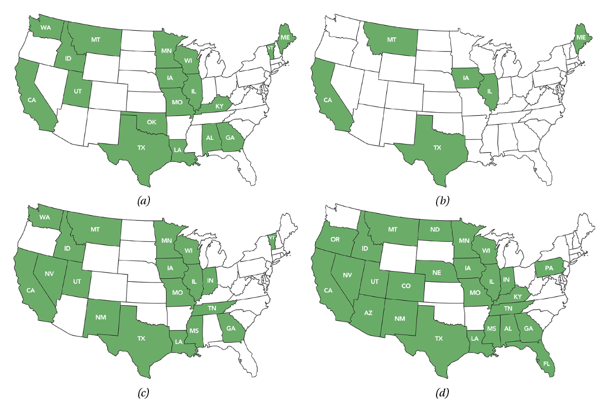 Figure 1. State DOTs using HWTT for (a) Mix Design Approval, (b) Production Acceptance, (c) Forensic Analysis, and (d) Research Evaluation.